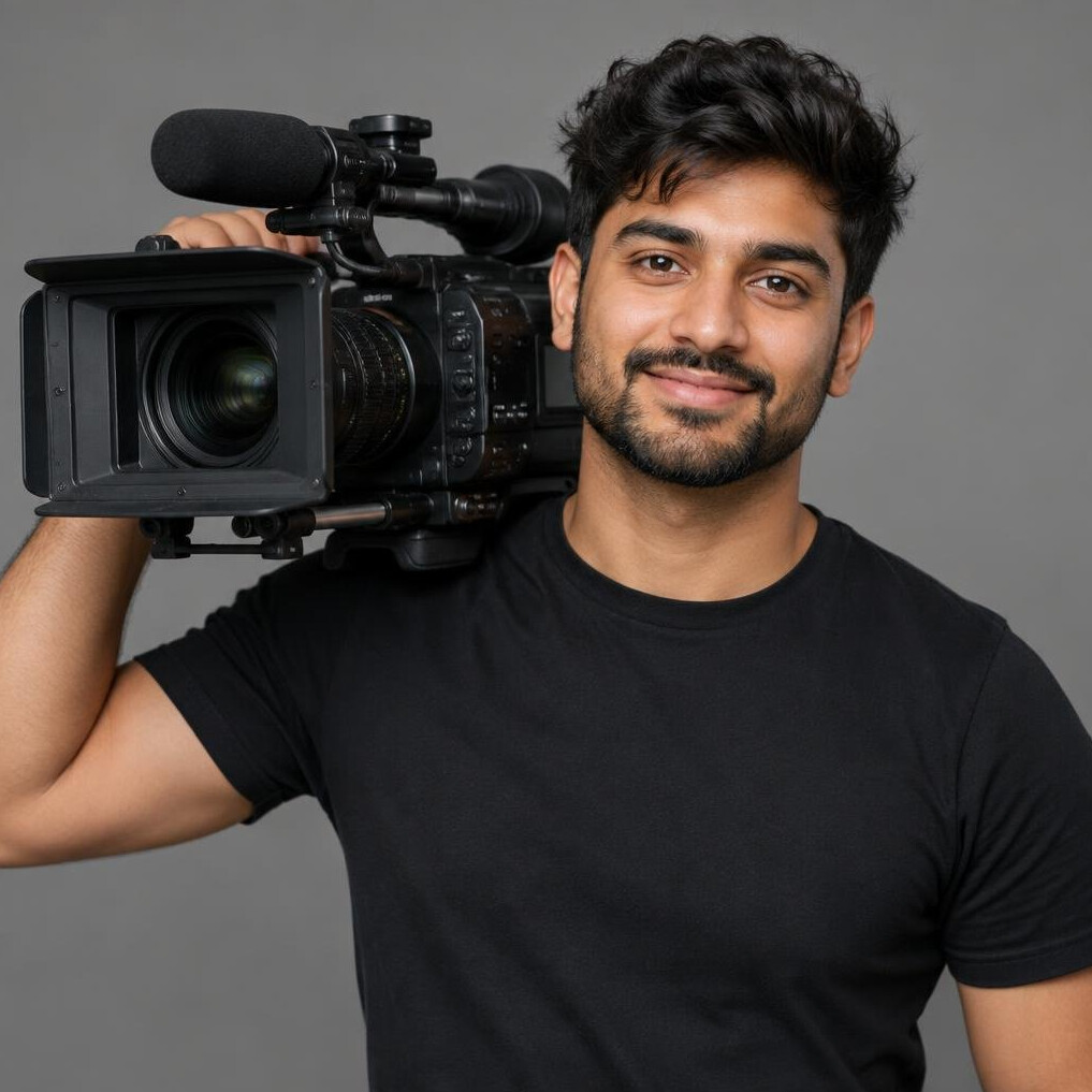 Portrait of a camera operator with broadcast camera equipment