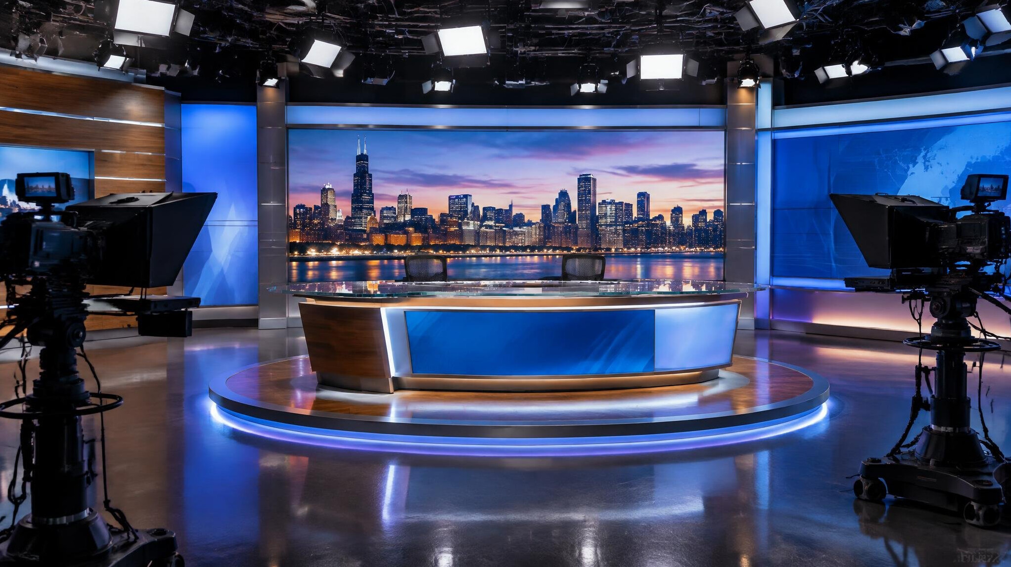 Television studio set with anchor desk and lighting rig