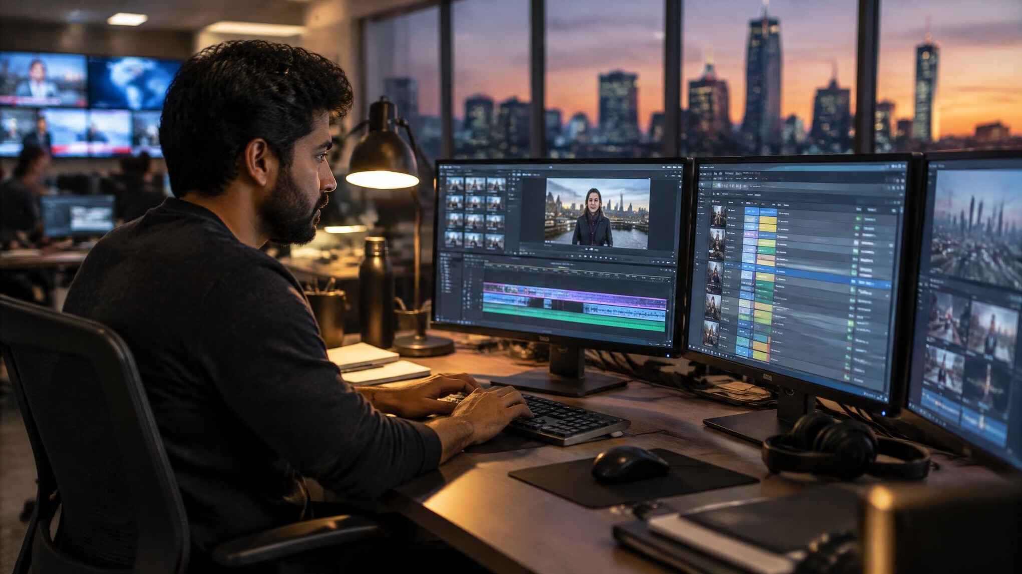 News editor working at a multi-monitor desk in a newsroom