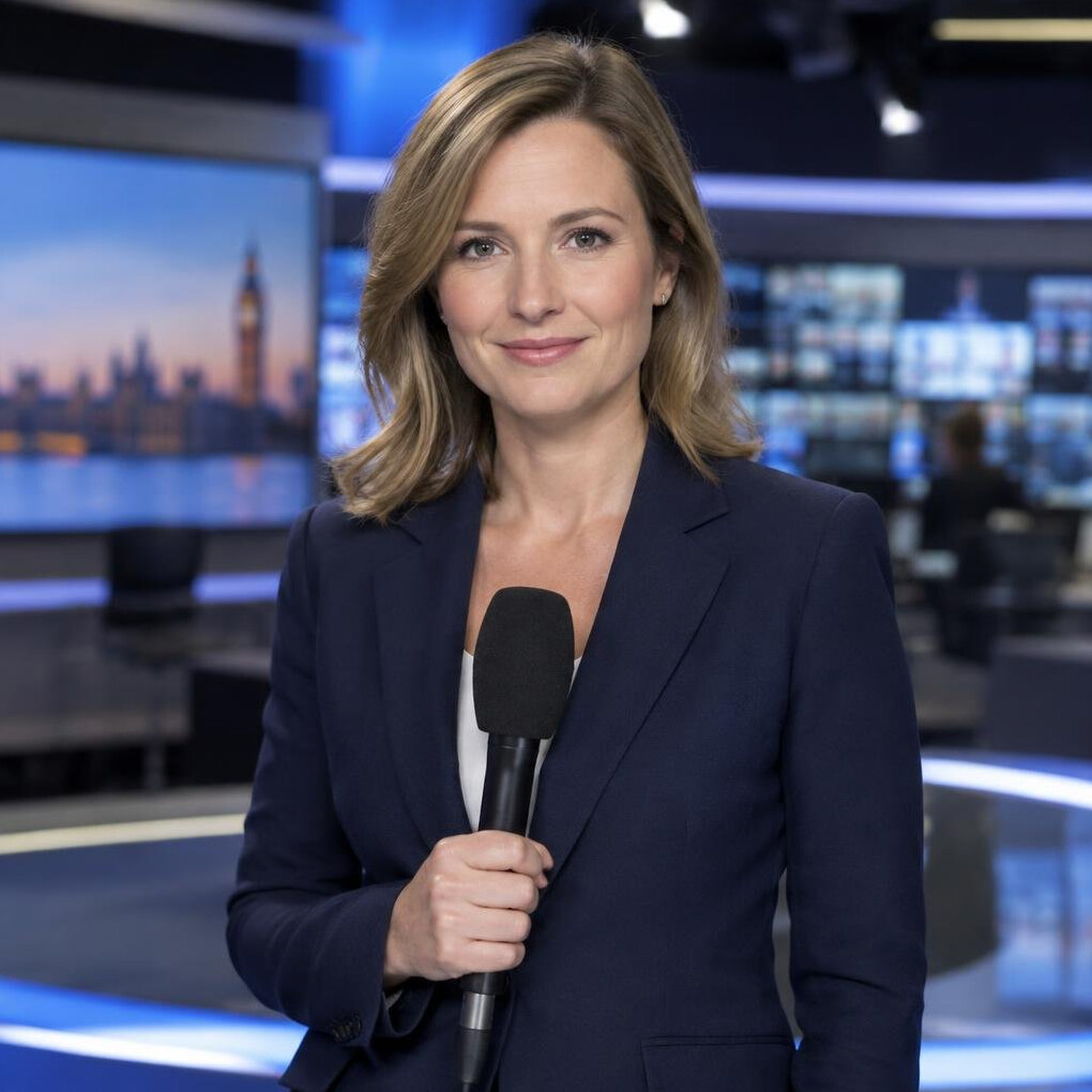 Broadcast journalist holding a microphone in a television studio
